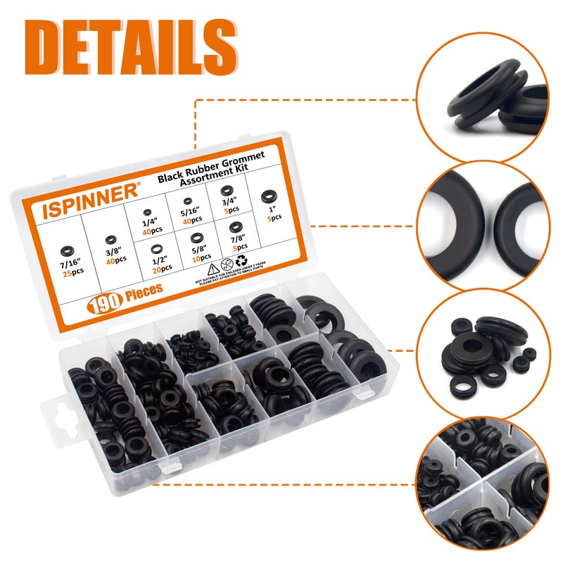 ISPINNER 190pcs Rubber Grommet Assortment Kit, 9 Sizes Eyelet Ring Gasket 1/4" 5/16" 3/8" 7/16" 1/2" 5/8" 3/4" 7/8" 1" (Black) - Image 3